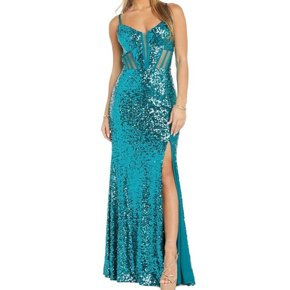 Morgan & Co. Juniors Sequined Gown Corset Bodice Side Slit Peacock Dress, Size 0